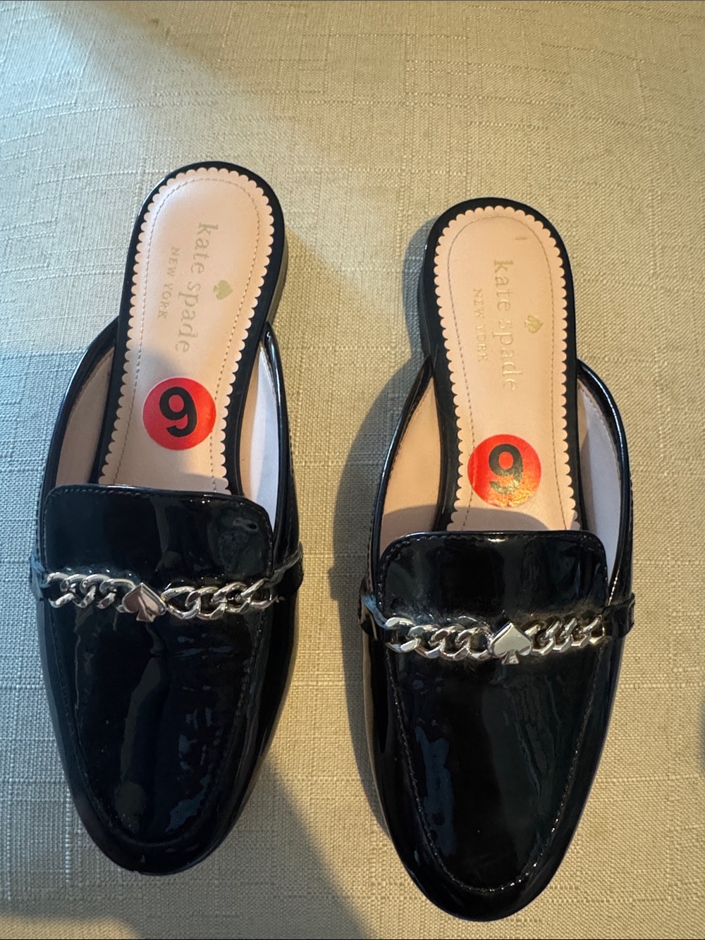 kate spade Black Patent Chain-Trim Mules